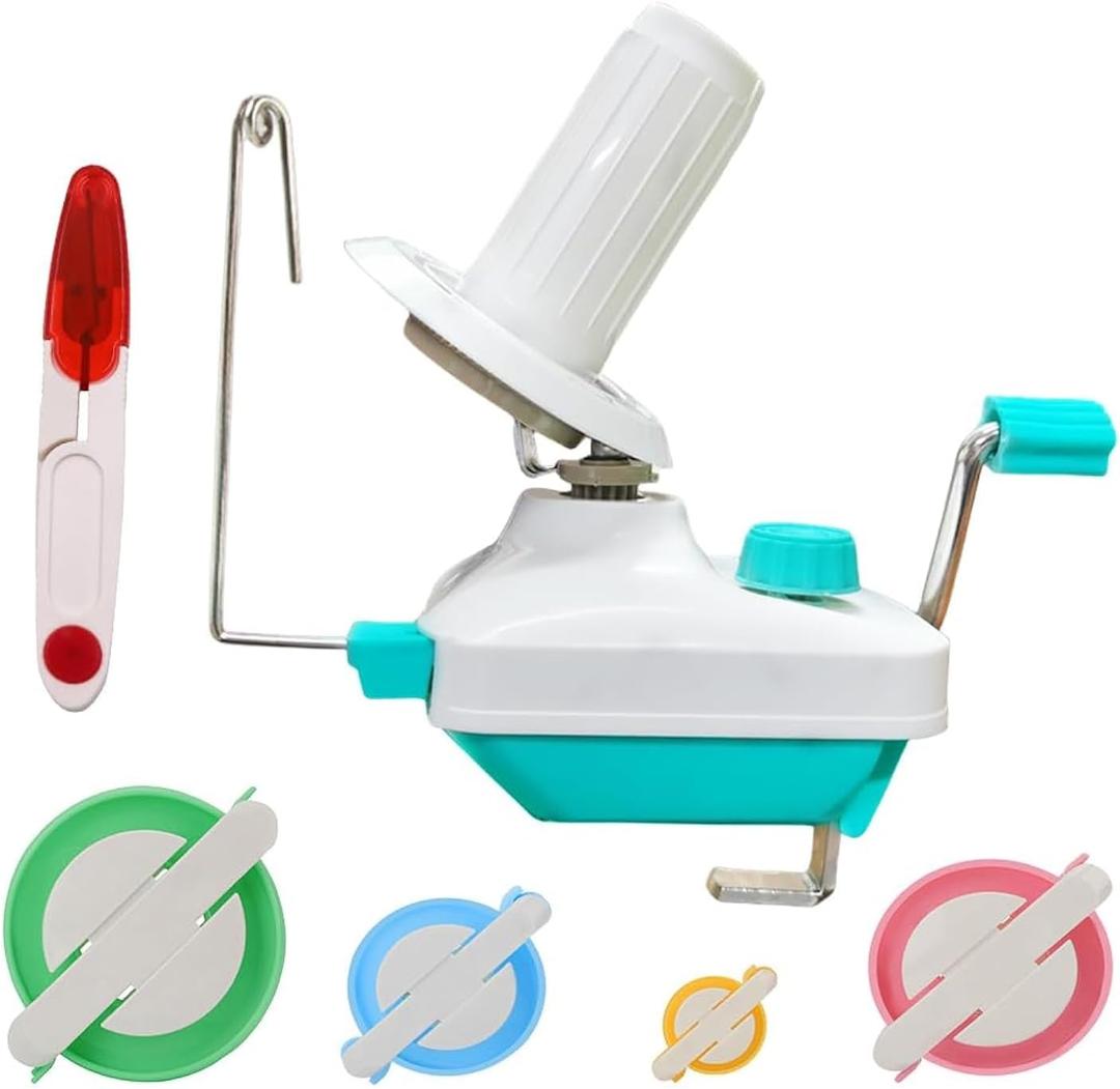 Yarn Ball Winder, Weaving Ball WinderNeedle Craft Yarn Ball Winder Hand Operated Sturdy with Metal Handle and Tabletop Clamp, with 4 Size Pom Pom Makers+1PS Scissors