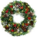 Christmas Wreath,Pre-Lit Artificial 18 Inch Christmas Wreaths for Front Door with Pine Cones,Berries,Christmas Wreath with Lights,8 Modes 50 LED Lights for Outdoor Indoor Decorations