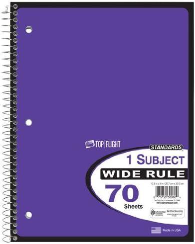 Top Flight Standards 1-Subject Wirebound Notebook, 70 Sheets, Wide Rule, 10.5 x 8 Inches, 1 Notebook, Purple Cover (30080)