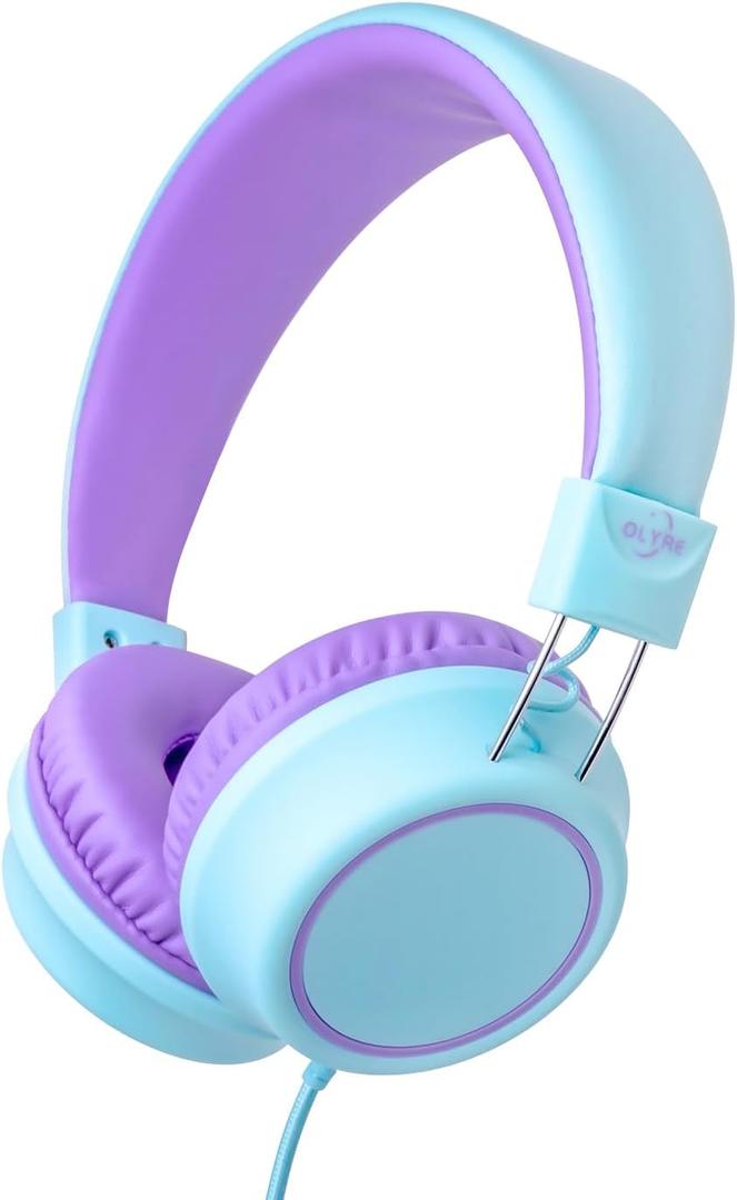 Kids Headphones, Toddler Headphones with Cord for School Plane Travel, Lightweight Stereo Wired Children Earphones with HD Microphone for Boys Girls for Computer Cellphone Tablet Green/Purple