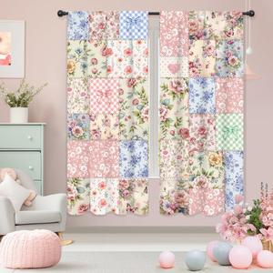 Riyidecor Boho Pink Floral Curtains Short Vintage Cute Patchwork Flowers Bohemian Plants Shabby Chic Retro Farm Rod Pocket for Women Female Bedroom Living Room Treatment Fabric 2 Panels 29Wx63H Inch