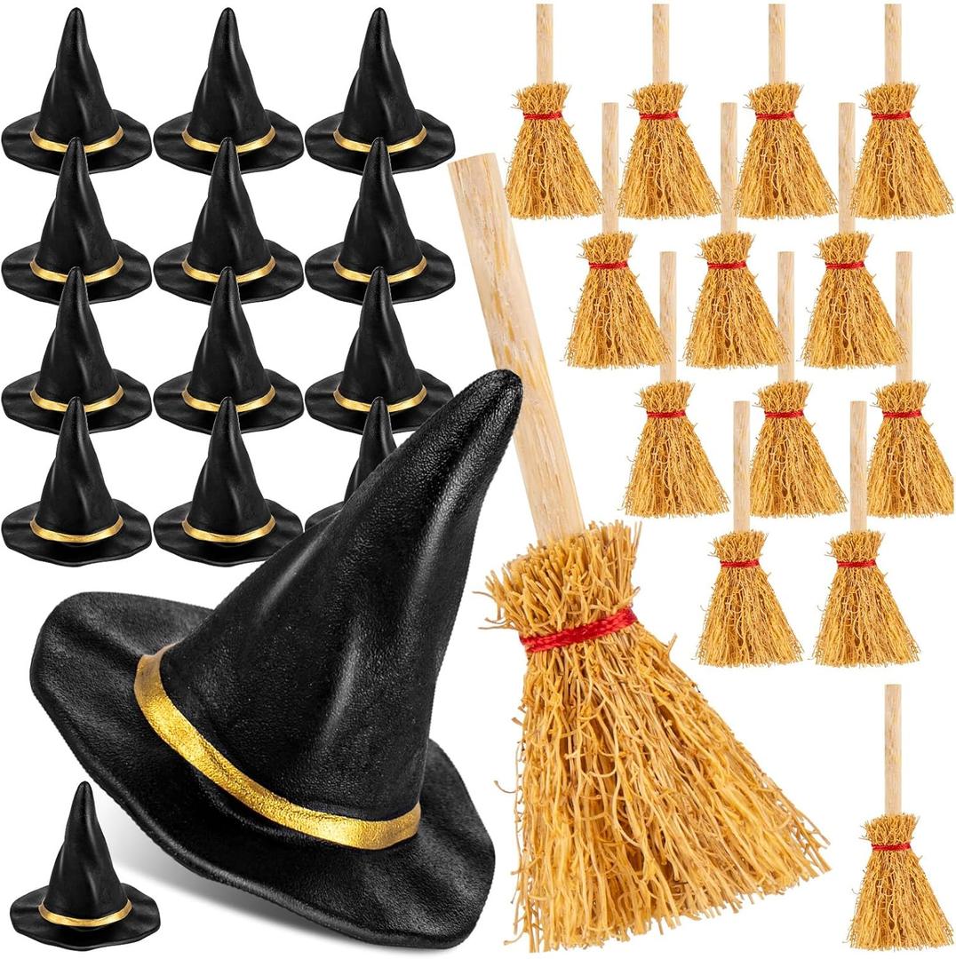 ZHWKMYP 28Pcs Mini Witch Hat, Plastics Mini Brooms and Witches Hats for Crafts Halloween Party Supplies