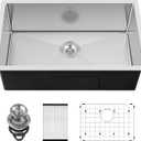 33-inch Undermount Kitchen Sink - SINKVINE Single Bowl Stainless Steel Kitchen Sink, Large Size Handmade Basin with 3.5-inch Drain Strainer, Bottom Grid Protector, Roll-up Drying Unit, 33" x 19" x 9"