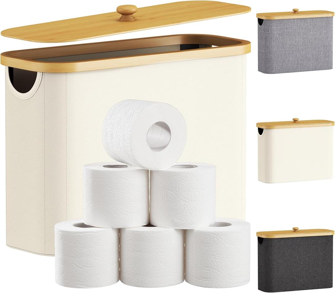 Lifewit Toilet Paper Storage Basket with Bamboo Lid, Holds 9 to 12 Rolls, Free Standing Toilet Paper Holder Stand, Bathroom Organizer Box Container Cabinet Bin, Medium, 1 Pack, White (23L)