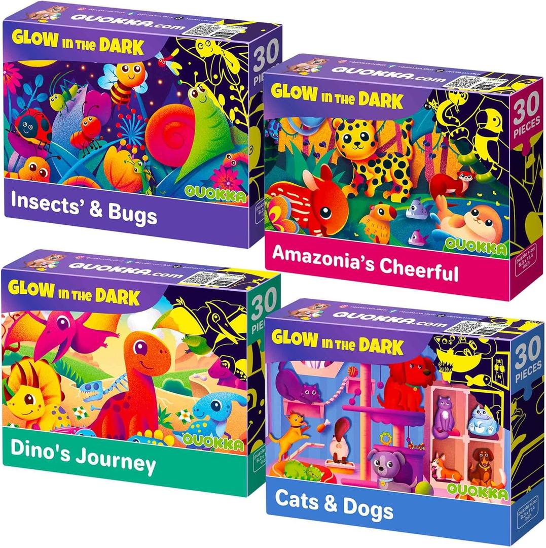 QUOKKA Puzzles for Toddlers 4-6 4x30 Pieces Puzzles for Kids Ages 3-4 Glow-in-The-Dark Dinosaur & Animals Learning Jigsaw Puzzle for Kids 3-5 Years Old
