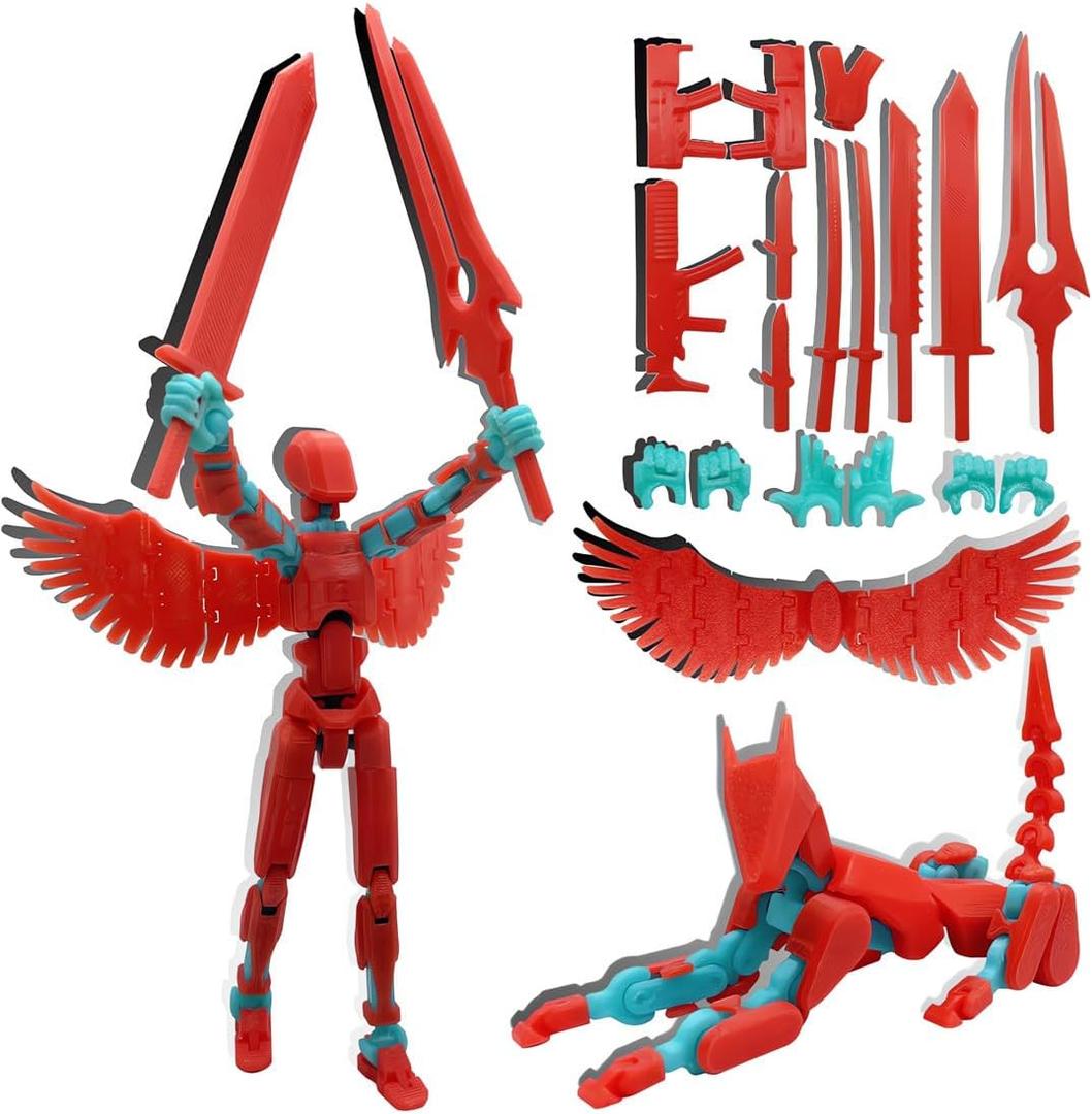 T13 3D Action Figures Set Titan 13 Action Figure Dummy 3D Printed Robo Multi-Jointed Movable Toy with Full Articulation for Collectors Desktop (Assembly Completed Red Blue Figure + Dog)