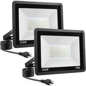 100W LED Flood Light Outdoor, 2Pack 10000LM Super Bright, IP66 Waterproof Outside Work Lights, 6500K Daylight White Security Lights, Plug in Flood Light for Yard Garage Garden Patio