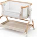 3 in 1 Baby Bassinet,Rocking Bassinets Bedside Sleeper with 6 Adjustable Heights,Breathable Full-Mesh,Comfortable Mattress & Lockable Wheels,Stable Rolling Portable Crib for Newborns(Beige) | Breathable Full-Mesh, Wood Grain Design, V-Shaped Structure