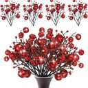 Geosar 24 Pieces Christmas Glitter Berries Stems 10 Inch Christmas Berry Picks Artificial Glittered Berries Ornaments Floral Stems for Xmas Tree,Home Wreath,Party Decoration(Red)