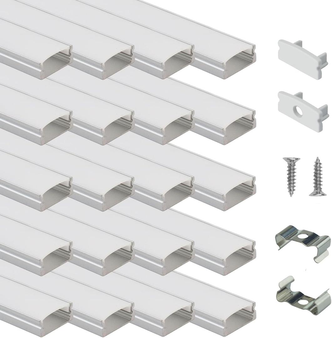 Muzata 20Pack 3.3FT/1M LED Channel Aluminum U Shape Silver LED Strip Diffuser Channel with Milky White Cover Easy Installation U1SW WW 1M