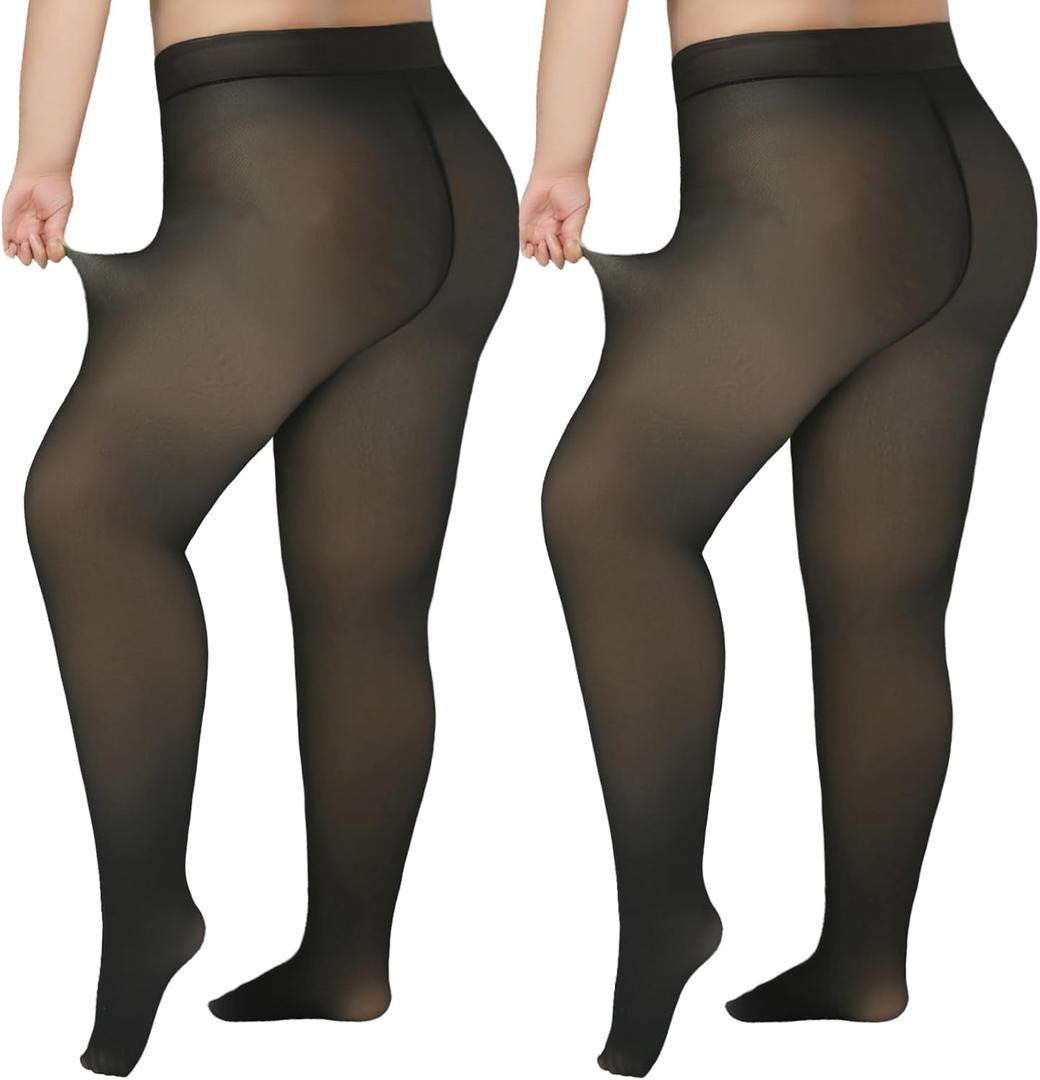 Delcast Plus Size Fleece Lined Tights Women - Fake Translucent Sheer Warm Thermal Pantyhose Leggings for Winter (XXXL)