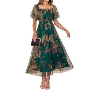 Simplee Womens Floral Maxi Dresses 2026 Summer Smocked Empire Waist Square Neck Short Sleeve Wedding Guest Party Dress, Large