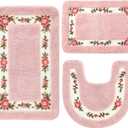 3 Pcs Rose Flowers Bathroom Rugs Set Coquette Room Decor Floral Rugs for Bathroom Bedroom Living Room, Floral Bath Mat Non Skid Romantic Rose Flower Area Rugs 3 Shapes(Pink)