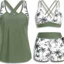 Daci Women 3 Piece Tankini Swimsuits - Tummy Control Tank Top with Bra Modest Bathing Suit with Pockets Boyshorts Bottom 2026 (Medium, Green Palm Tree)