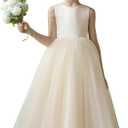 Flower Girl Dresses for Wedding Puffy Satin Tulle Princess Pageant Dress for Girls Crew Neck Tulle Bow Prom Ball Gowns (6, Champagne)