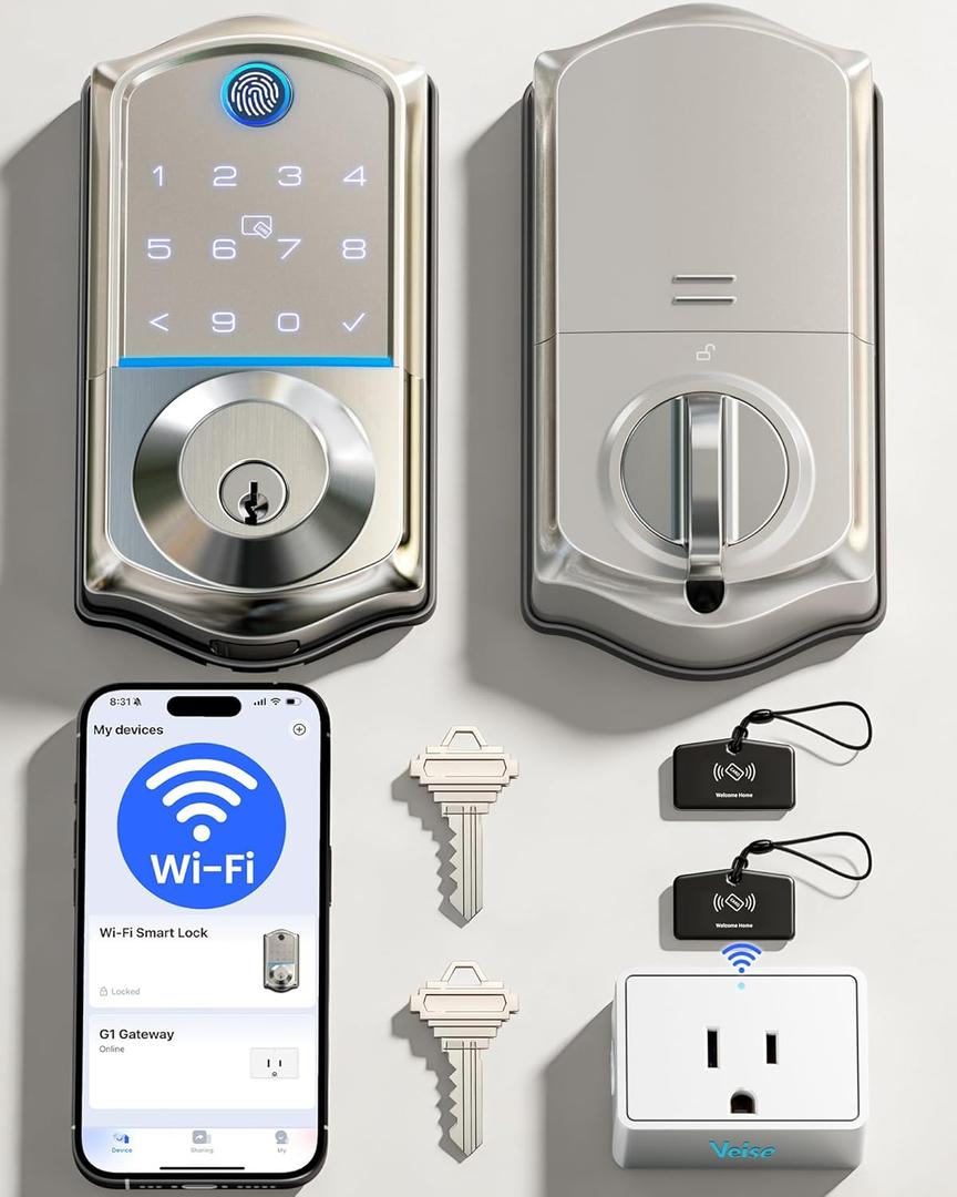 Veise VE017G Wi-Fi Keyless Entry Door Lock, App Remote & Voice Control, Fingerprint Smart Locks for Front Door, Touchscreen Electronic Keypad Deadbolt, Auto Lock, Emergency Power Port, Satin Nickel