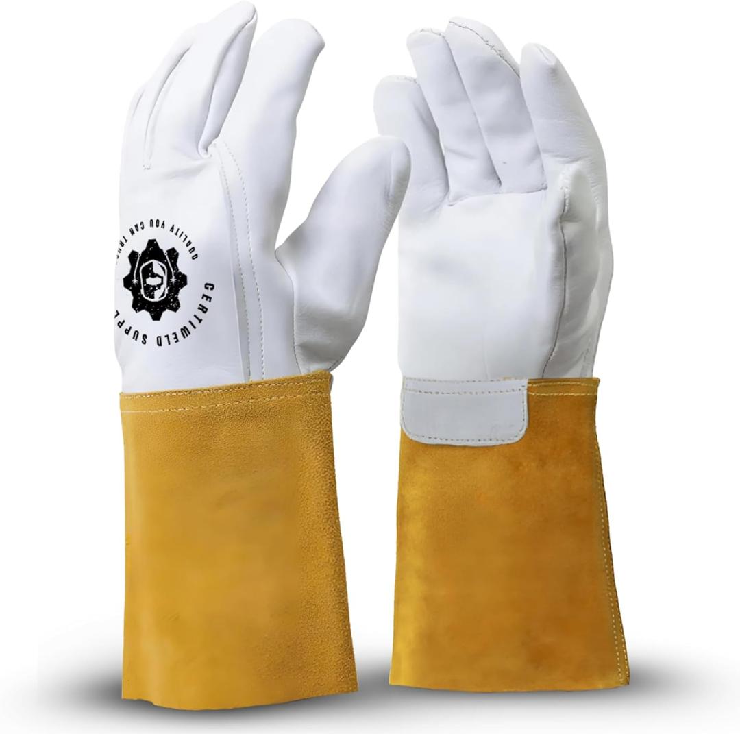 CertiWeld Supplies Leather Welding Gloves – Heat Resistant Work Gloves – Extended Cuff Protection Welding Sleeves for BBQ, Gardening, Manual Work – Anti Puncture and Durable Goatskin (Medium)