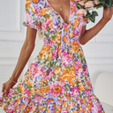 Allover Floral Print Tie Front Flounce Sleeve Ruffle Hem Dress Size S