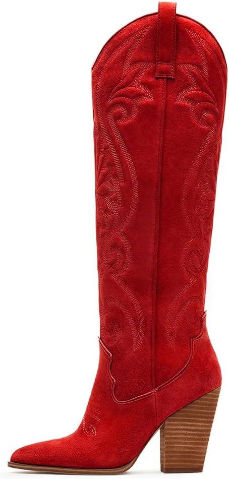 VOMIRA Knee High Cowboy Boots for Women Pointed Toe Chunky High Heels Pull-on Embroidered Boots Western Boots Wide Calf Cowgirl Boots (9)