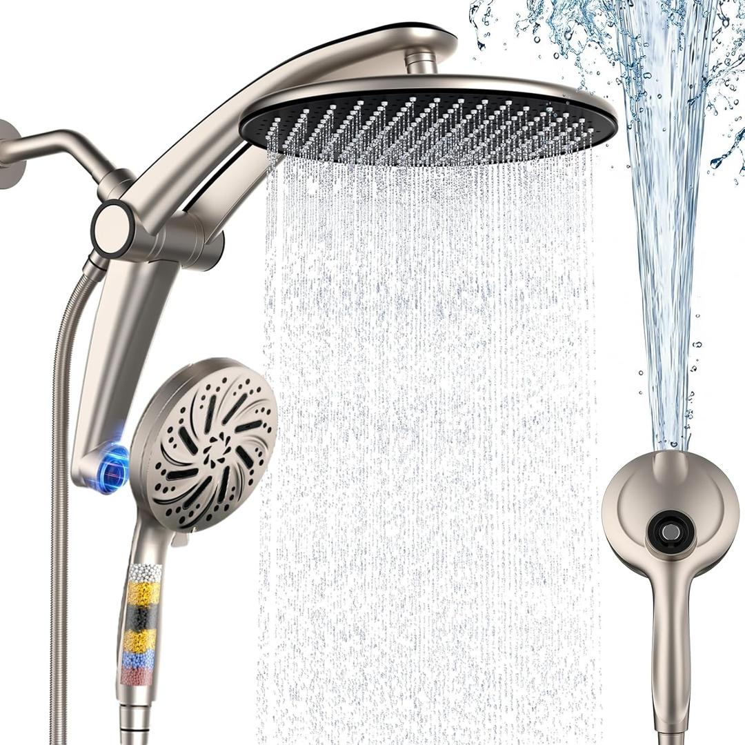 Shower Head with filtered Handheld High Pressure daul Shower Heads with Handheld Spray Combo and 10 Sprays Handheld Shower Head Detachable Shower head Built-in Magnetic Docking and Power Jets Nickel