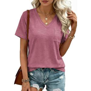 Womens V Neck Tshirts Short Sleeve Loose Casual Summer Tops with Pokcet (Medium, Bean Red)