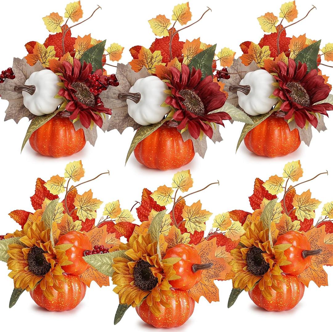 6 Pcs Fall Decorations - Fall Centerpieces with Artificial Pumpkins Maple Leaves Sunflowers Berries for Thanksgiving Dinner Table Fireplace Room Porch Fireplace Home Indoor Decor
