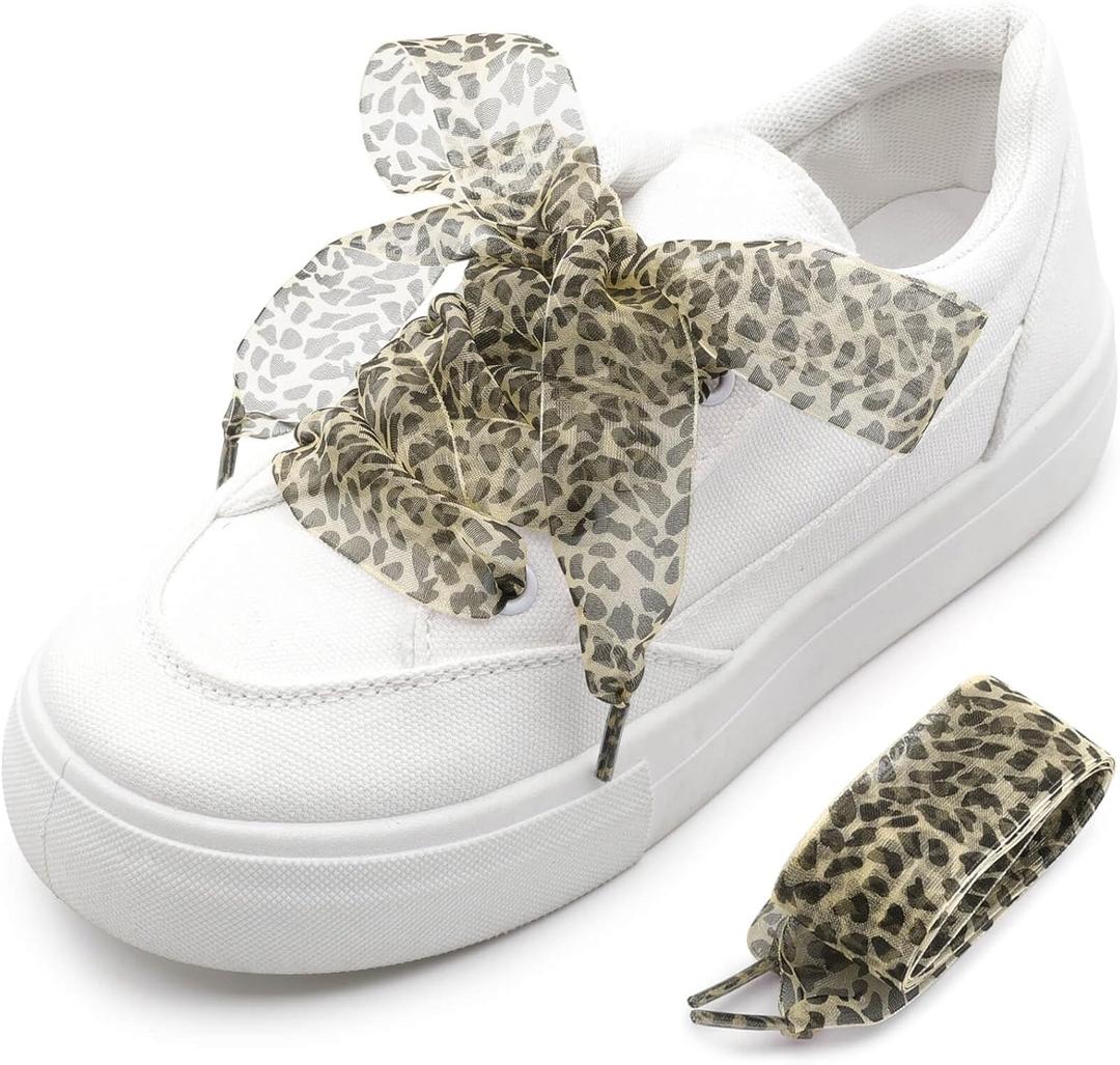 Snow Yarn Shoe Laces: Wide Leopard Flat Sneakers Shoelaces 2 Pair (55 inch(140CM), 03 Yellow Leopard 1 Inches(2.5 Cm)wide)