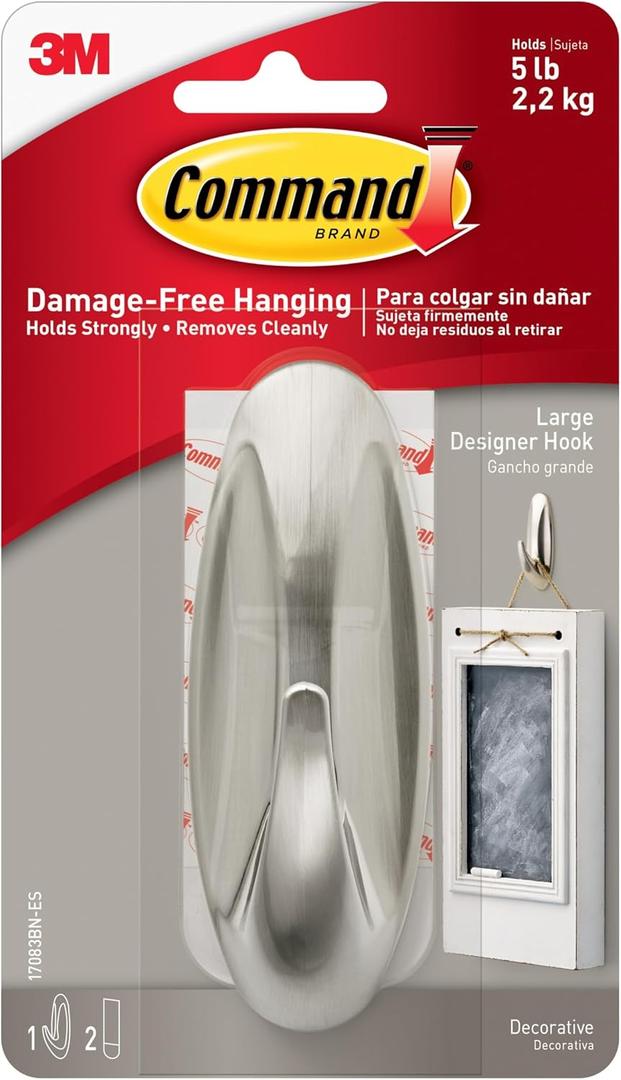 Command Large Designer Hook, Holds up to 5 lb, 1 Wall Hook with 2 Command Strips, Brushed Nickel Color, Damage Free Hanging Hooks for Hanging Decorations in Living Spaces