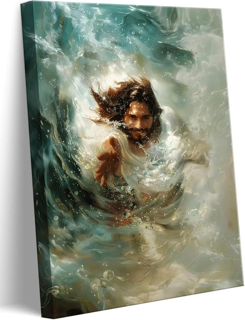 Danseed Hand Of God Reaching Lnto Water Canvas Wall Art Christianity Jesus Saves Wall Decor Pictures Blue Ocean Bible Posters Prints for Living Room Bedroom Church Prayer Room Decoration (16"L x 12"W)