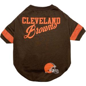 Pets First NFL Cleveland Browns Dog & Cat T-Shirt, Small. Football Pet Shirt with Team Name & Logo, Striped Sleeves, Poly-cotton Material, Brown, Unisex, Sports Fashion, Casual Wear