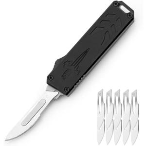 Automatic Utility Knife, Aviation aluminum Handle Push Button EDC portable utility retractable knife Box Cutter Scalpel Pocket Knife With Clip, 10Pcs Replacement Blades(Black)