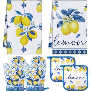 FoldTier 6 Pcs Capri Lemon Kitchen Decoration Set Blue Lemons Towels Pot Holders Oven Mitts Set Amalfi Coast Kitchen Accessories Mediterranean Housewarming Gifts for Summer Baking Cooking