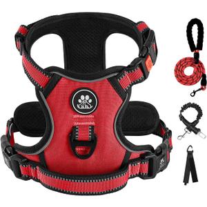 IVY&LANE No Pull Dog Harness for Large Dogs, Dog Vest Harness with Leash, Safety Belt and Storage Strap, Fully Adjustable Harness, 360 Reflective Strip, Soft Handle (Red, L)