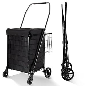 BIEAMA Folding Shopping Cart with Waterproof Liner, Grocery Cart Large Bag with Top Cover, 200 Lb Capacity, Utility Cart with 360° Rolling Swivel Wheels, Medium & Extra Basket M