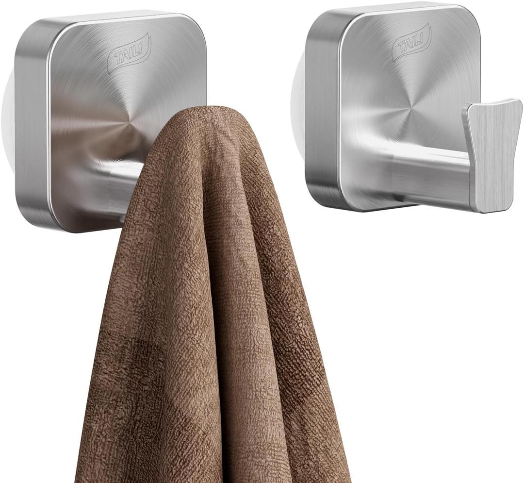 TAILI 304 Stainless Steel Bathroom Suction Hooks for Towel, Bathrobe, Loofah, Patented Strong Suction Cup Holder, No Damage Hanging Glass Shower Wall Hook, Hold Up to 11 Lbs, 2 Pack, Silver