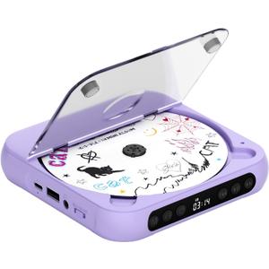 ENVYCLOUD CD Player Portable with Dual Stereo Speakers, Rechargeable Portable CD Player with Bluetooth for Home with Headphones, Support CD/AUX/USB, Purple