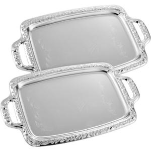 2 Pcs Silver Serving Tray with Handle Elegant Floral Metal Plate Silver Platter for Buffet Wedding Party Jewelry Decorative (Oblong)