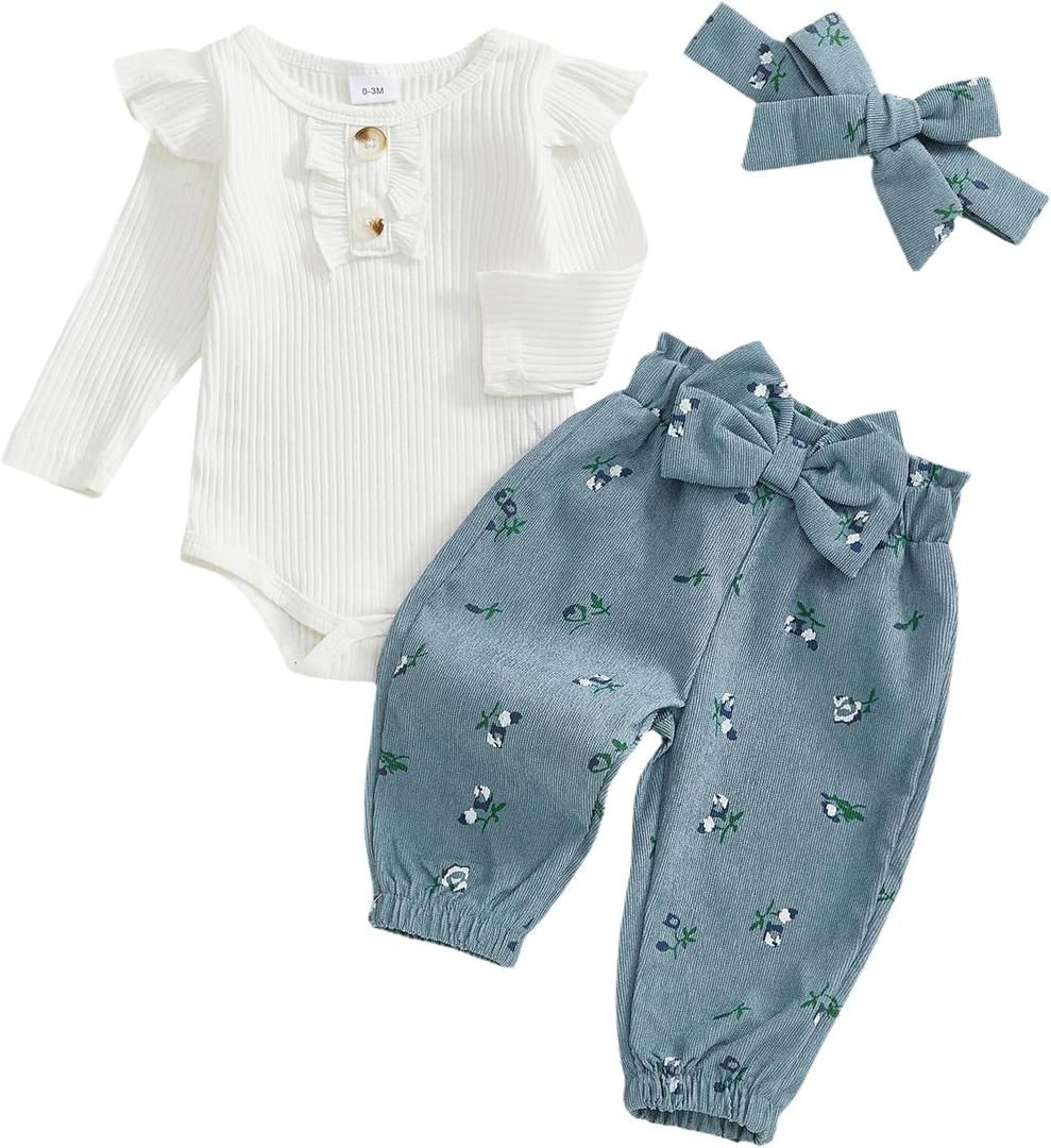 Newborn Baby Girl Outfit Infant Girl Spring Clothes Ribbed Romper Onesie Floral Corduroy Pants Fall Outfit, 3-6 M