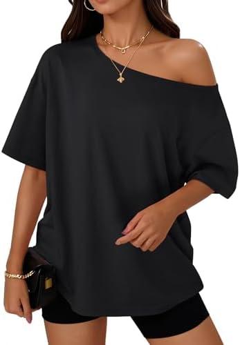 Trendy Queen Womens Off The Shoulder Tops Oversized T-Shirts Short Sleeve Tees Summer 2026 Casual Spring Fashion Clothes, XS