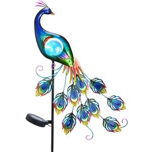 TERESA'S COLLECTIONS Yard Decorations Outdoor for Garden Decor, Peacock Solar Outdoor Lights, 32'' Metal Lawn Ornaments for Outside with Crackle Glass Ball, Decorative Stake Gifts for Mom