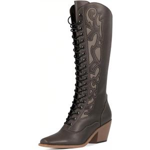 SO SIMPOK Lace Up Cowboy Boots for Women, Vintage Knee-High Cowgirl Boot, Low Heel Mid Calf Western Boots, Tall Square Toe Boot for Ladies (Size 7, Black)