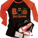 Happy Halloween Ghost Souls Funny Tshirt for Women Long Sleeve Tops Cute Color Block Casual Shirt (Medium, Black)