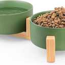 Ptlom Ceramic Pet Bowls for Dog and Cat, No Spill Dog Food and Water Bowl Set with Anti-Slip Wooden Stand, Riased Puppy Feeding Dishes Suitable for Small, Medium and Large Cats Dogs, Green 28 OZ 