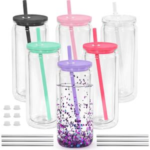 20oz Plastic Snow Globe Tumblers, 6 Pack Acrylic Double Wall Tumbler with Lids and Straws, Acrylic Snowglobe Cups with Pre Drilled Hole for Snow Globe Glitter DIY