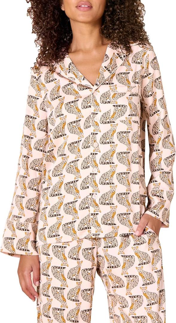 Amazon Essentials Women's Regular-Fit Long-Sleeve Satin Sleep Shirt Only (Pants Sold Separately) (Pale Pink Blush Leopard)