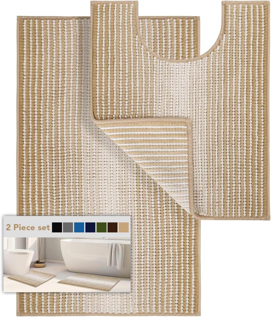 Bathroom Rugs Sets 2 Piece, Toilet Rugs U-Shaped, Contour Bath Mat Set for Toilet Bathroom, Soft Absorbent Chenille Bath Carpet, Quickly Dry, Washable (Beige, 32" x 20" + 24" x 20")