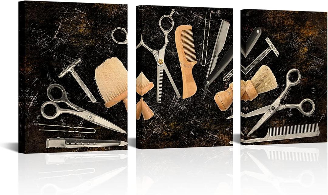 NutArtPic Barber Canvas Wall Art Hair Salon Artwork Painting Prints Vintage Haircut Tools Picture Black Barber Shop Pictures Fashion Beauty Salon Decor for Hair Stylist 12"x16"x3pcs (Black)