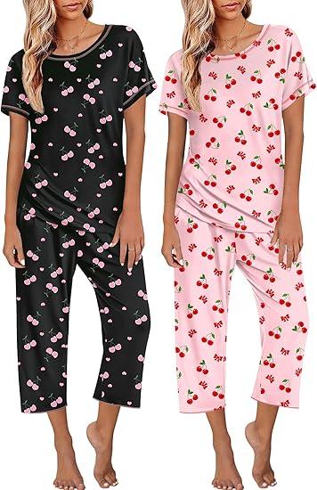 Ekouaer 2 Pack Womens Pajamas Sets Short Sleeve Tops and Capri Pants Pjs Colorful Printed Sleepwear Sets, XL
