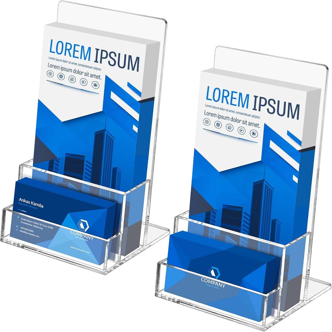 BEYGORM Acrylic Brochure Holder 4 inches with Business Card Holder for 100 Brochures, 2 Pack Clear Display Stand for Magazine, Pamphlet, Booklets, Menu, Journals, Business Card, Trifold