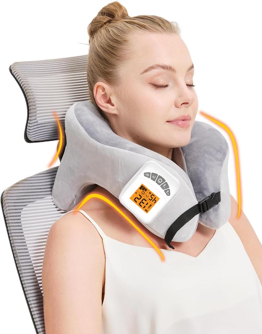 Rechargeable Heated Neck Pillow with Massage, 5000mAh Cordless Neck Heating Pad for Neck Pain, 3-Level Vibration Massage, 104-140℉ Adjustable Temp, 30/ 45/ 60Mins Timer, Type-C Cable & Storage Bag